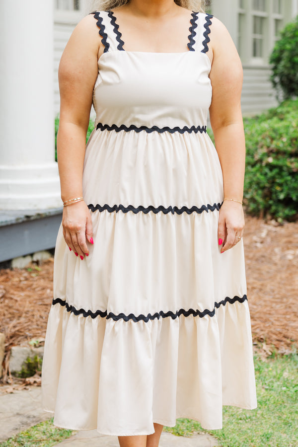 Chic Soul plus size clothing, strappy ecru maxi dress with ruffled details and black accent squiggles on straps and dress