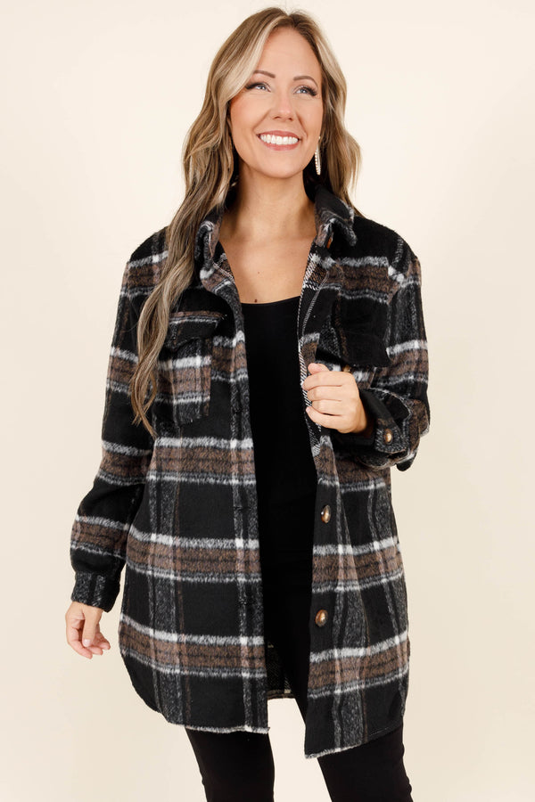 Chic Soul plus size clothing, black plaid buttoned shacket