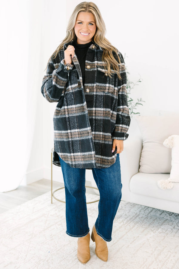 Chic Soul plus size clothing, black plaid buttoned shacket