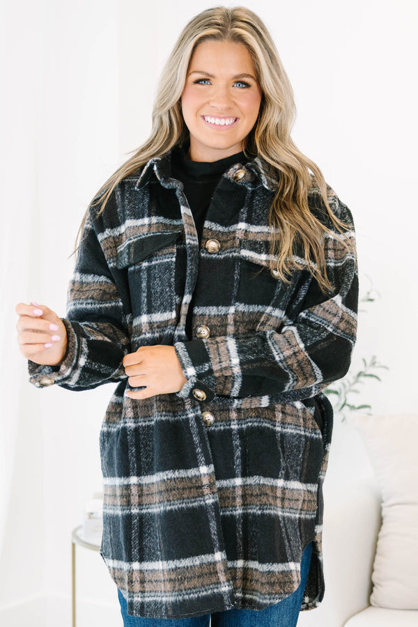 Chic Soul plus size clothing, black plaid buttoned shacket