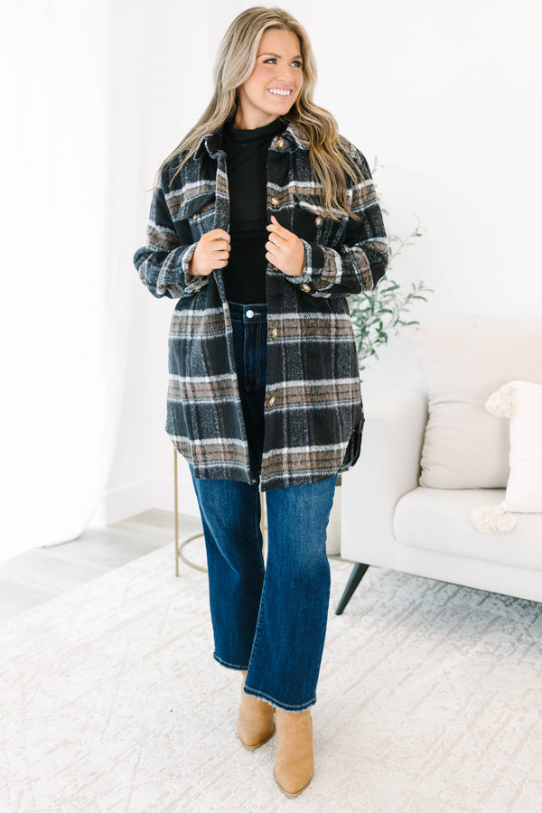Chic Soul plus size clothing, black plaid buttoned shacket