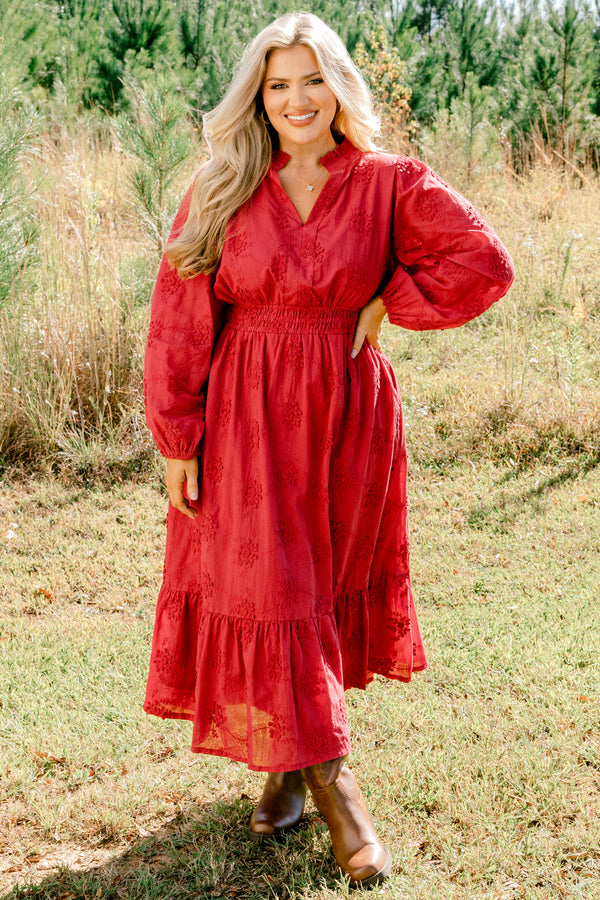 Chic Soul plus size clothing, red maxi dress with long bubble sleeves and a embroidered pattern along with a slight v-neckline