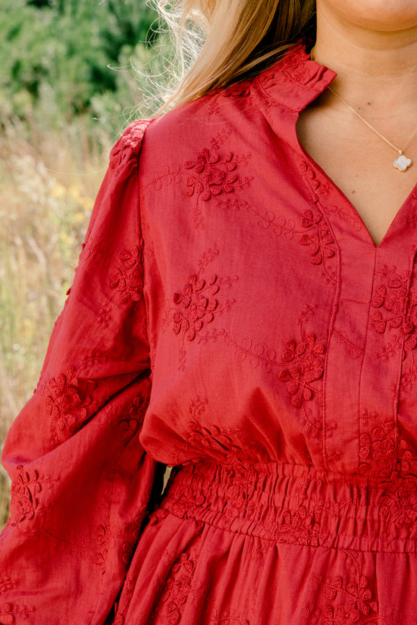 Chic Soul plus size clothing, red maxi dress with long bubble sleeves and a embroidered pattern along with a slight v-neckline