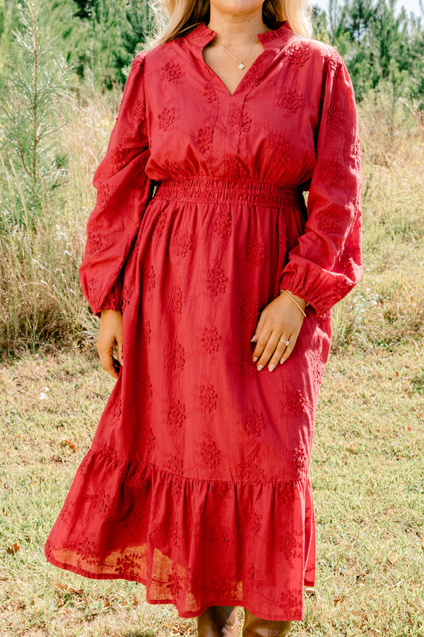 Chic Soul plus size clothing, red maxi dress with long bubble sleeves and a embroidered pattern along with a slight v-neckline