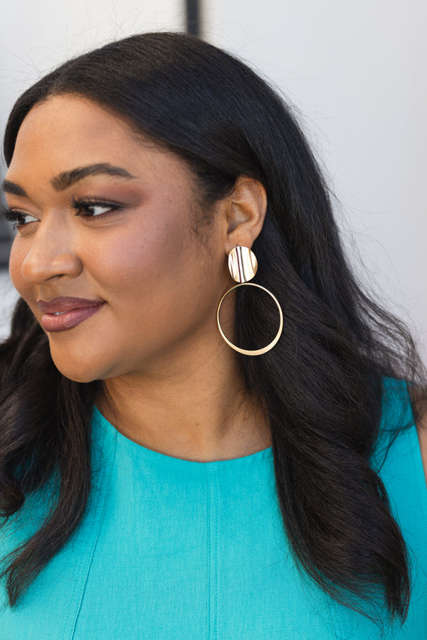 Chic Soul plus size clothing, gold round stud with a thin gold hoop hanging from the stud