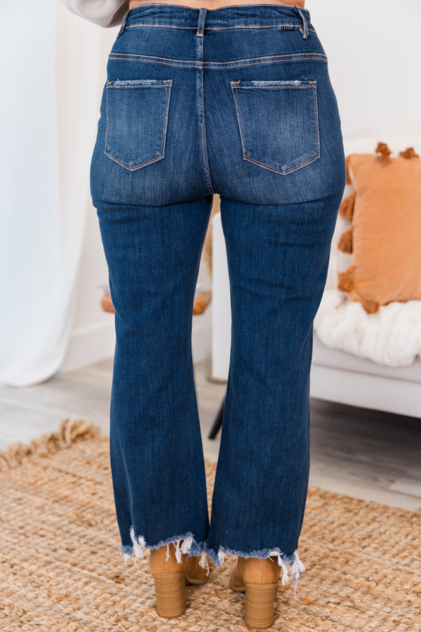 Chic Soul plus size clothing, high-waisted dark wash cropped straight leg jeans with distressed details on the knees and seams
