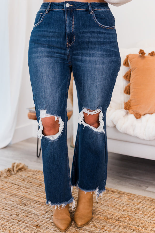 Chic Soul plus size clothing, high-waisted dark wash cropped straight leg jeans with distressed details on the knees and seams