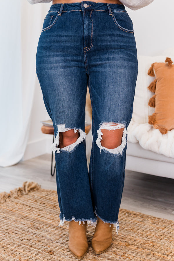 Chic Soul plus size clothing, high-waisted dark wash cropped straight leg jeans with distressed details on the knees and seams
