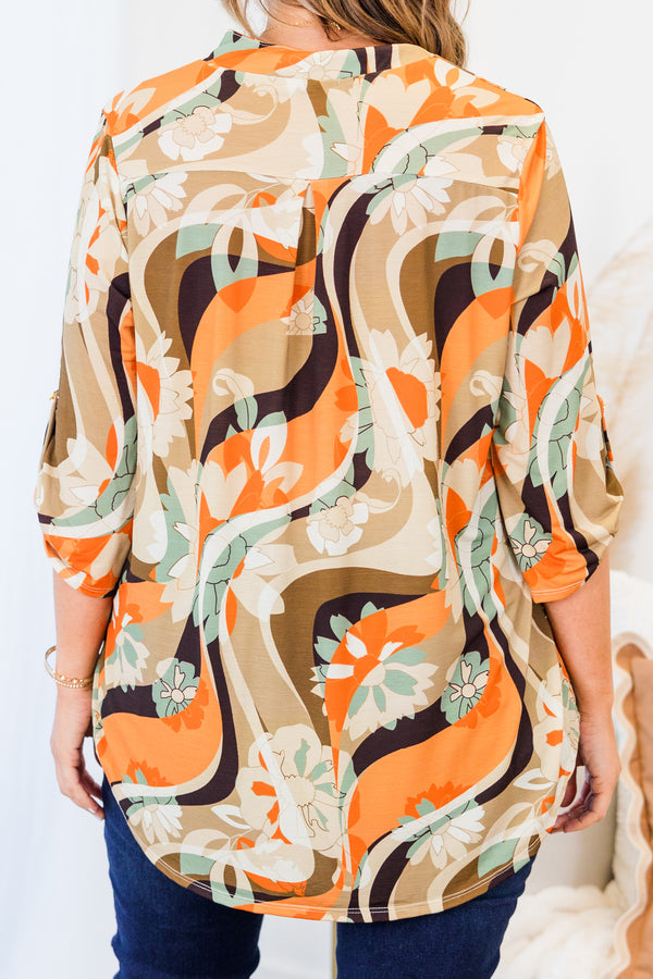 Chic Soul plus size clothing, brown multi three quarter length sleeve top with abstract and floral print with v cutout along neckline with collar detail