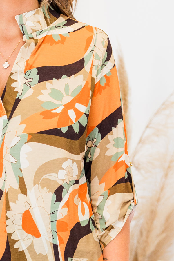 Chic Soul plus size clothing, brown multi three quarter length sleeve top with abstract and floral print with v cutout along neckline with collar detail