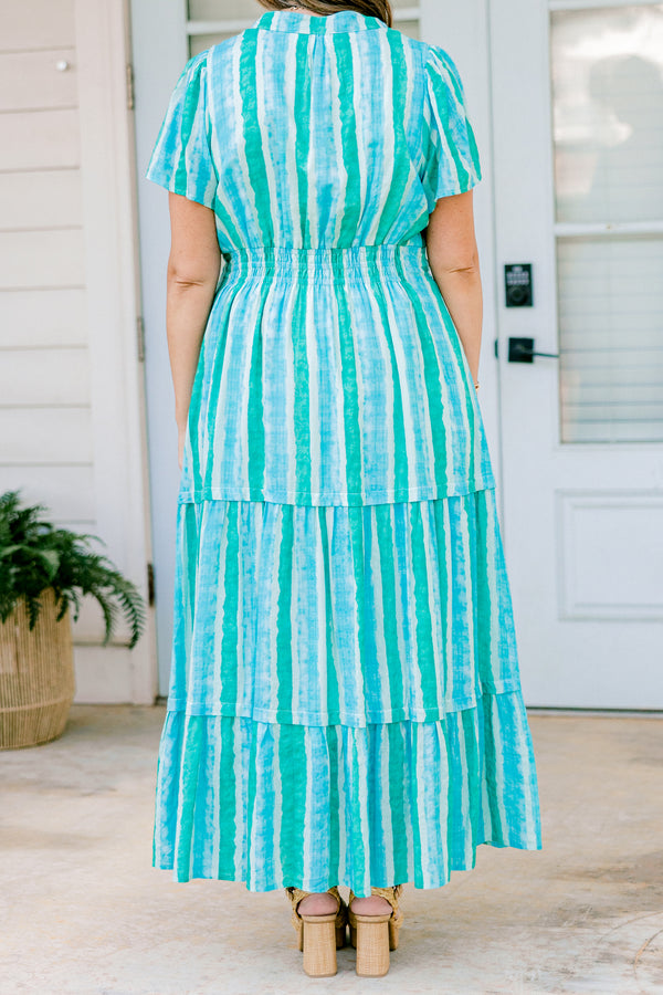 Chic Soul plus size clothing, cerulean and turquoise striped short sleeve maxi dress