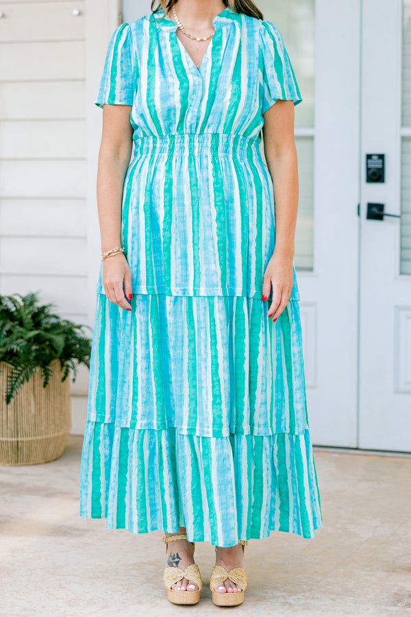 Chic Soul plus size clothing, cerulean and turquoise striped short sleeve maxi dress