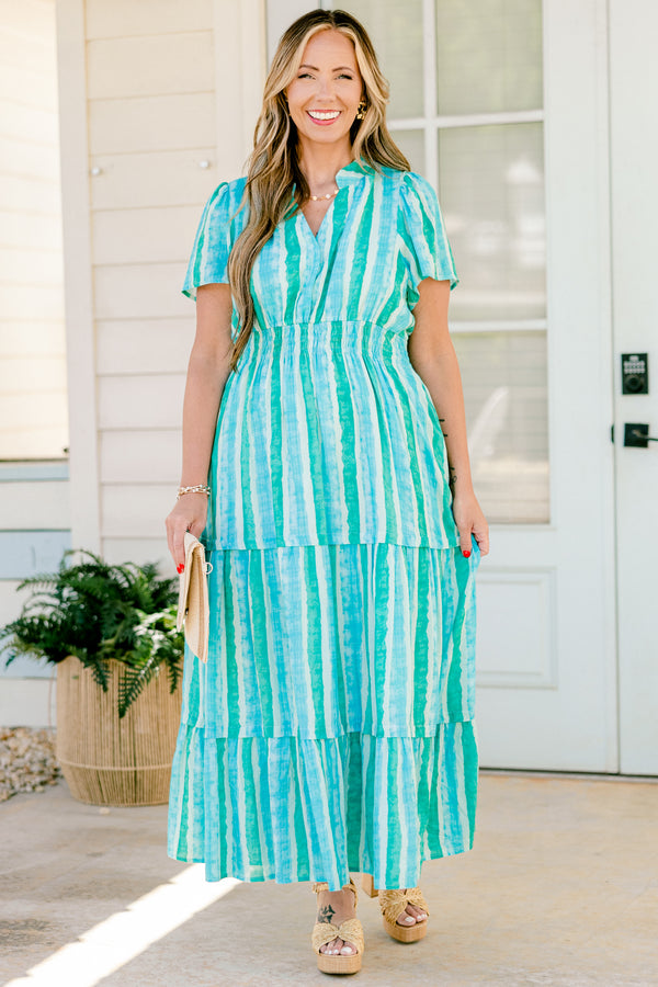 Chic Soul plus size clothing, cerulean and turquoise striped short sleeve maxi dress