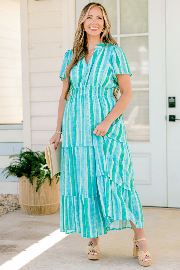 Chic Soul plus size clothing, cerulean and turquoise striped short sleeve maxi dress