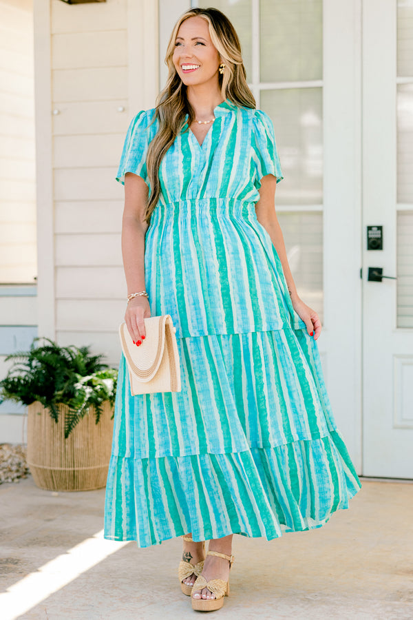 Chic Soul plus size clothing, cerulean and turquoise striped short sleeve maxi dress