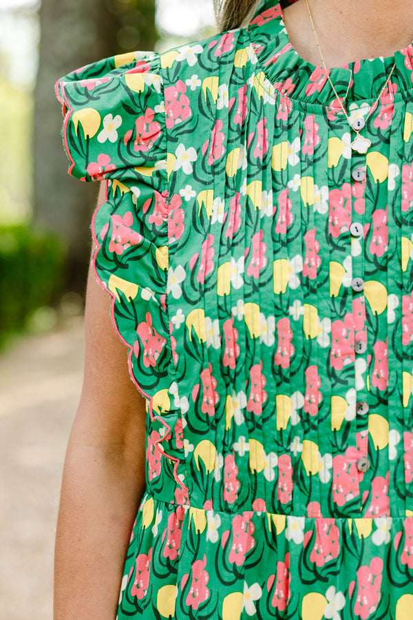 Chic Soul plus size clothing, green short sleeve floral print midi dress with smocked top with ruffle mock neckline with ruffle flare sleeves