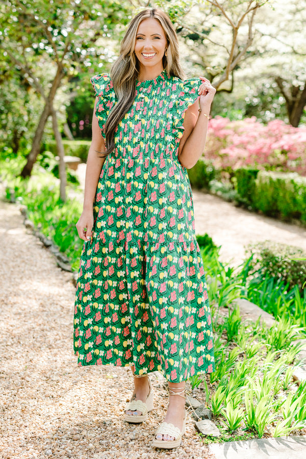 Chic Soul plus size clothing, green short sleeve floral print midi dress with smocked top with ruffle mock neckline with ruffle flare sleeves