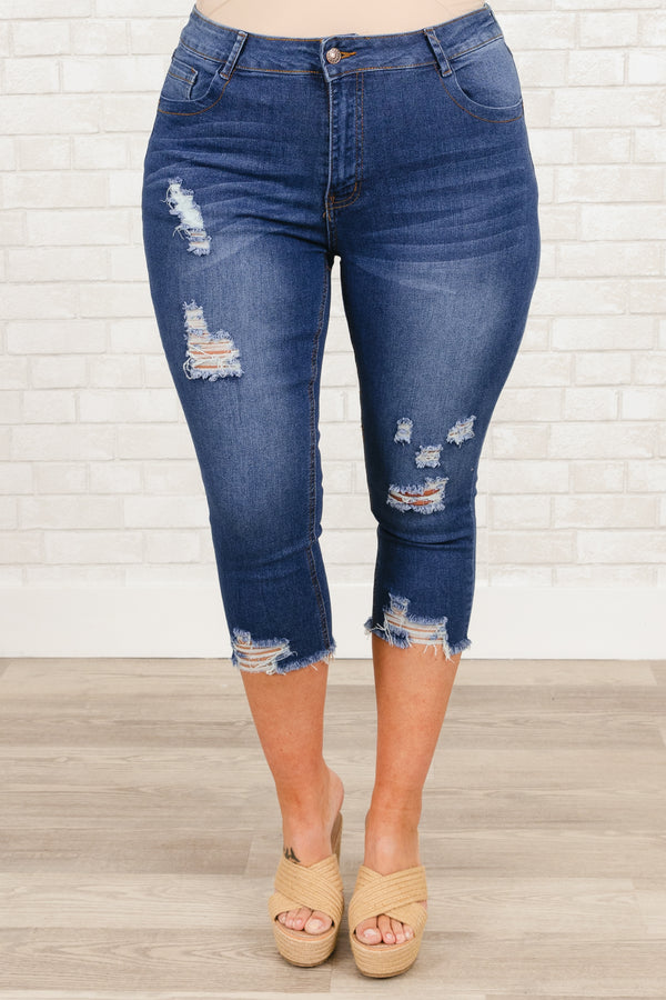 Chic Soul plus size clothing, medium wash distressed denim capris with frayed hemline