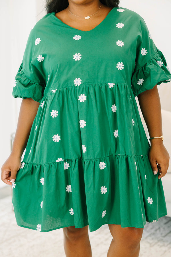 Chic Soul plus size clothing, green short sleeve tiered mini dress with round neckline with puff sleeve detail with white embroidered flowers