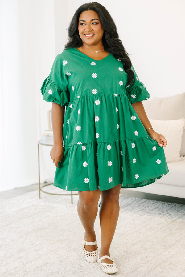 Chic Soul plus size clothing, green short sleeve tiered mini dress with round neckline with puff sleeve detail with white embroidered flowers