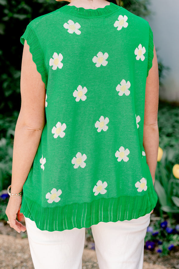 Chic Soul plus size clothing, green sleeveless knit sweater top with round neckline with knit scalloped border along sleeves, neckline, and bottom with knit white floral detail