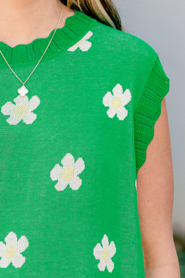 Chic Soul plus size clothing, green sleeveless knit sweater top with round neckline with knit scalloped border along sleeves, neckline, and bottom with knit white floral detail