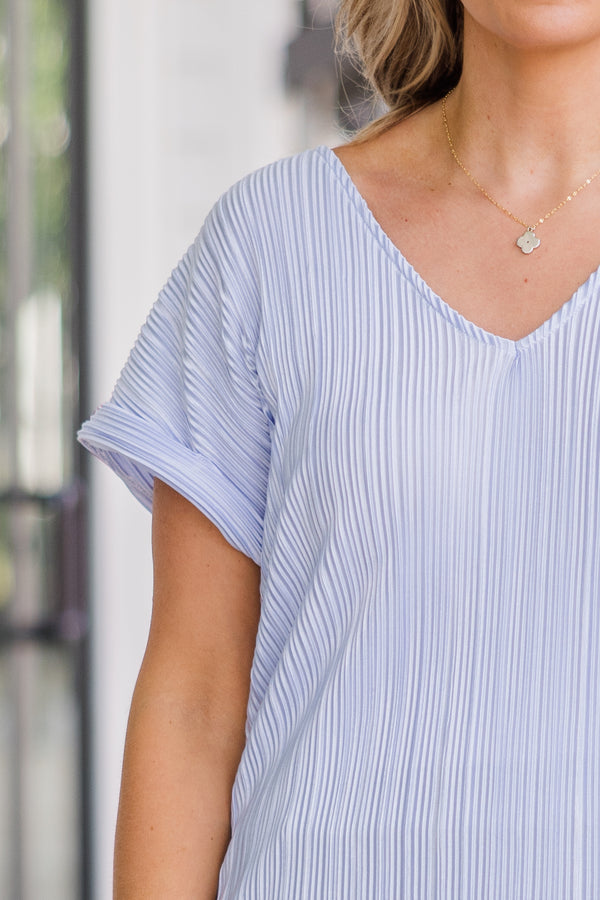 Plus Size light blue v-neck top with silky ribbed fabric and cuffed short sleeves.