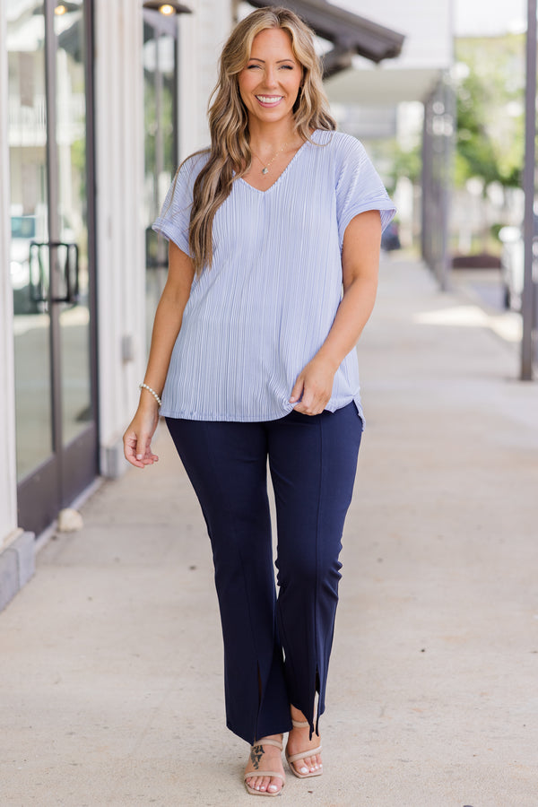 Plus Size light blue v-neck top with silky ribbed fabric and cuffed short sleeves.