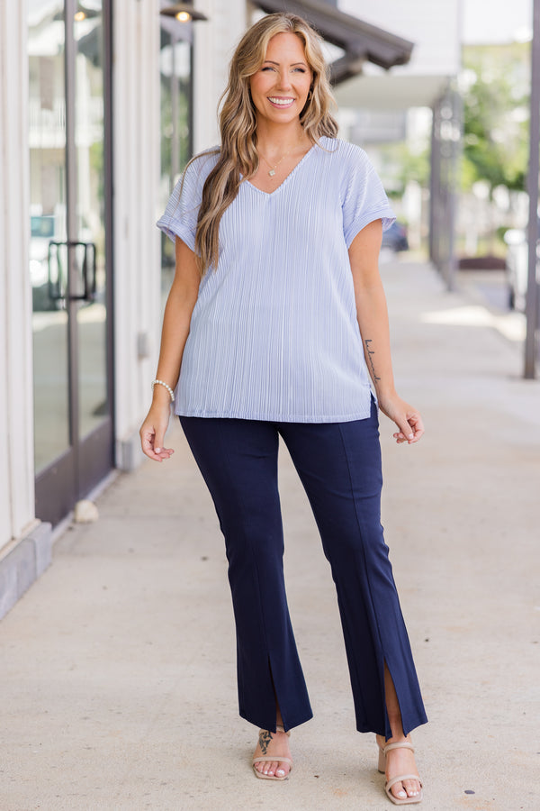 Plus Size light blue v-neck top with silky ribbed fabric and cuffed short sleeves.