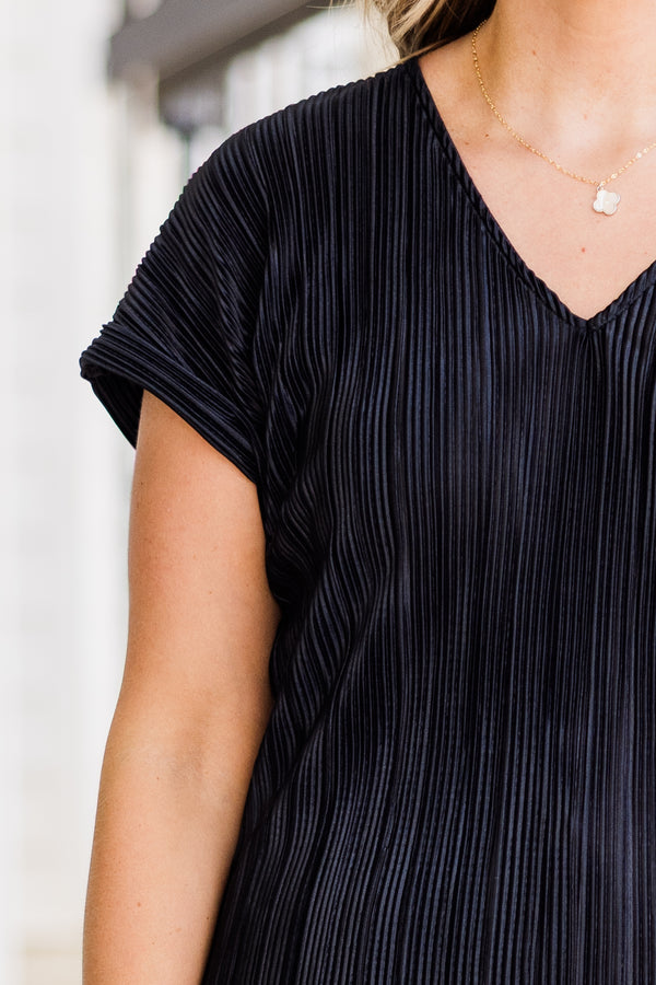 Chic Soul plus size clothing, black short sleeve ribbed texture top with cuff sleeve detail and v neckline