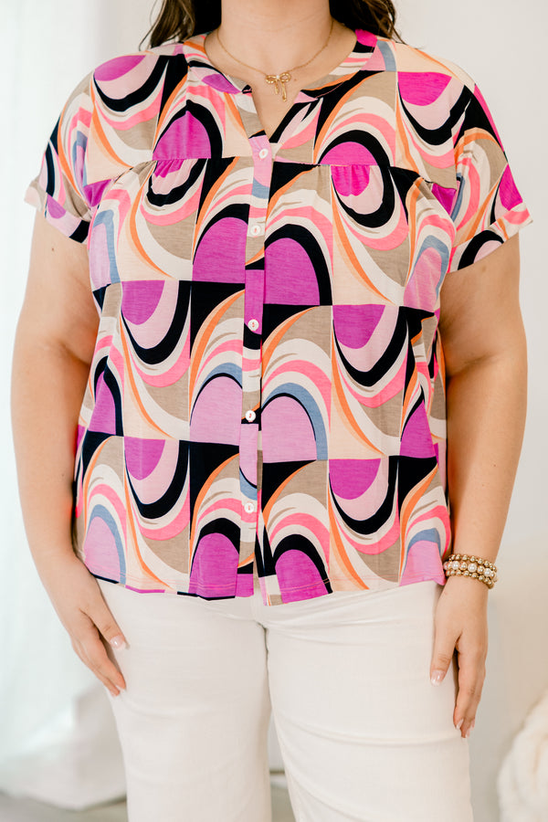 Chic Soul plus size clothing, short sleeve buttoned top with magenta black and beige colored abstract wavy design