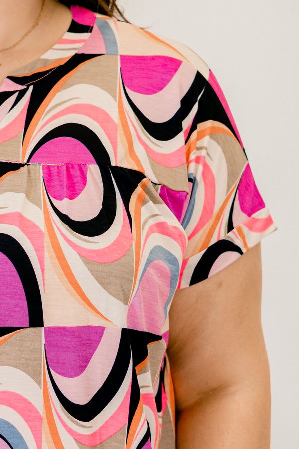 Chic Soul plus size clothing, short sleeve buttoned top with magenta black and beige colored abstract wavy design