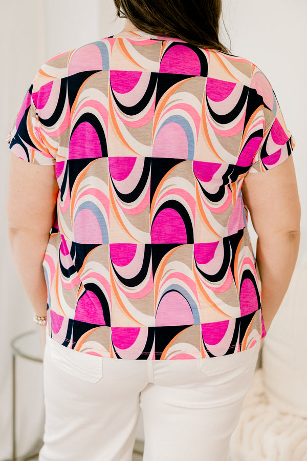 Chic Soul plus size clothing, short sleeve buttoned top with magenta black and beige colored abstract wavy design