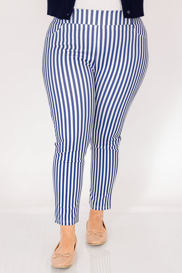 Chic Soul plus size clothing, navy striped ankle length pants with front pockets and a stretch waist band 