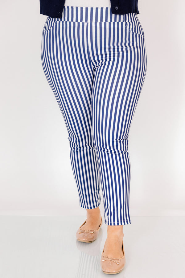 Chic Soul plus size clothing, navy striped ankle length pants with front pockets and a stretch waist band 