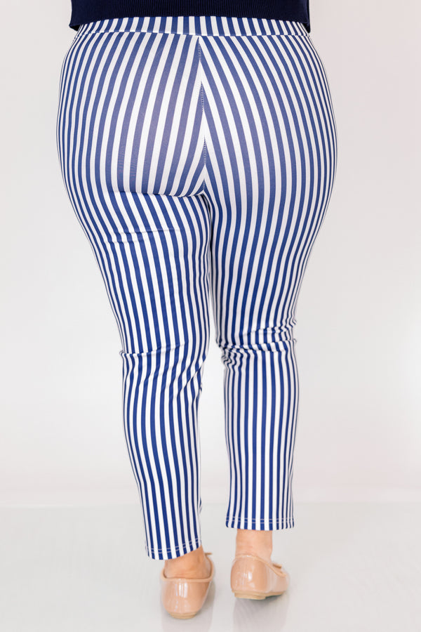 Chic Soul plus size clothing, navy striped ankle length pants with front pockets and a stretch waist band 