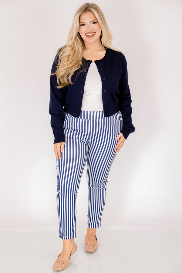 Chic Soul plus size clothing, navy striped ankle length pants with front pockets and a stretch waist band 