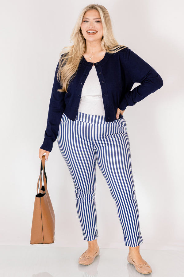 Chic Soul plus size clothing, navy striped ankle length pants with front pockets and a stretch waist band 