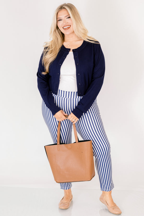 Chic Soul plus size clothing, navy striped ankle length pants with front pockets and a stretch waist band 