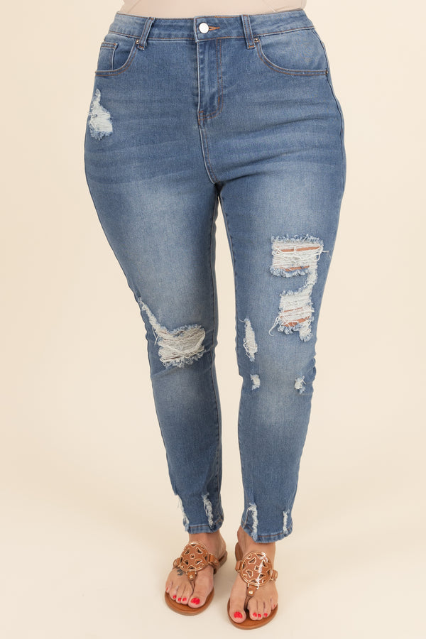 Chic Soul plus size clothing, medium wash distressed jeans