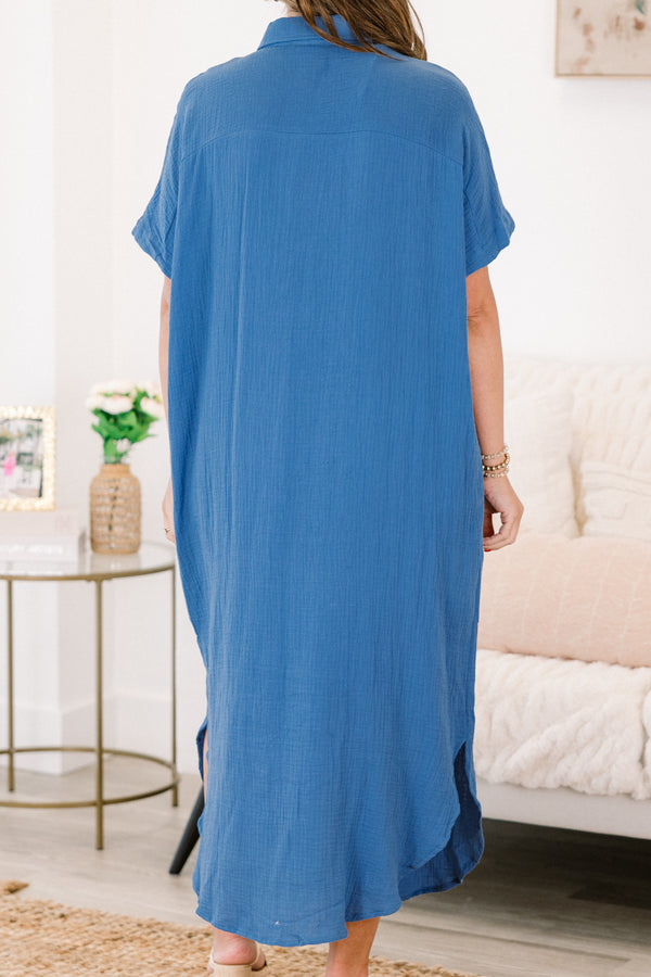 Plus Size navy blue gauze maxi dress with a collared neckline, short sleeves, and button-down front.