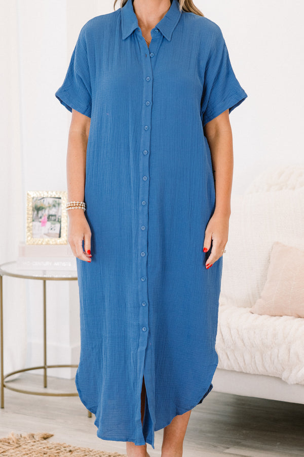 Plus Size navy blue gauze maxi dress with a collared neckline, short sleeves, and button-down front.