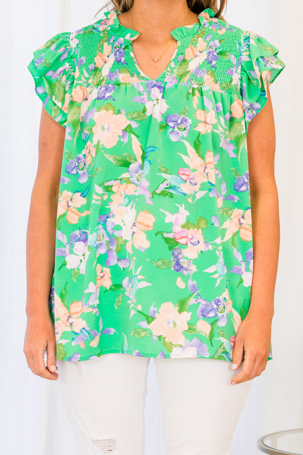Chic Soul plus size clothing, green short sleeve top with pink and purple floral pattern
