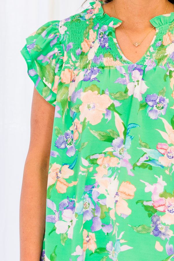 Chic Soul plus size clothing, green short sleeve top with pink and purple floral pattern