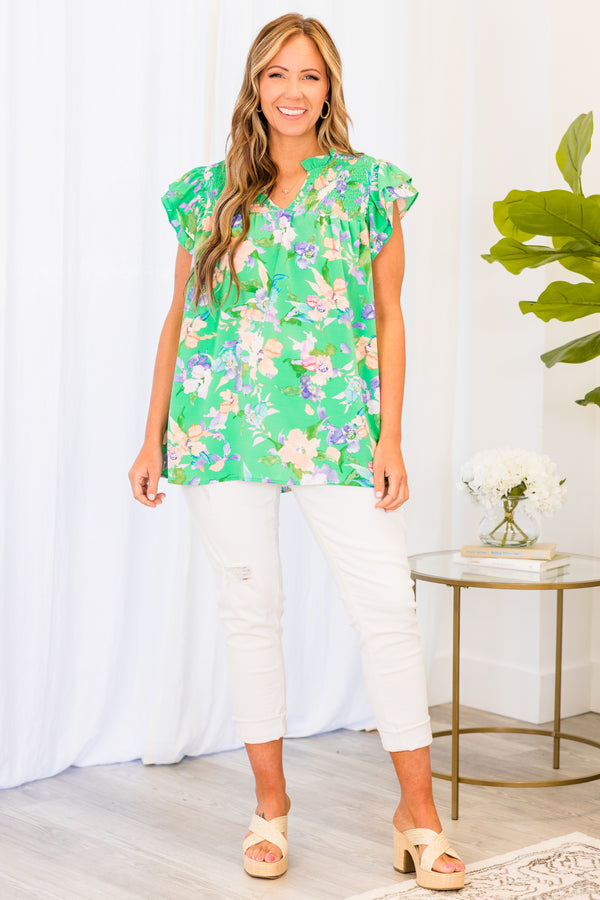 Chic Soul plus size clothing, green short sleeve top with pink and purple floral pattern