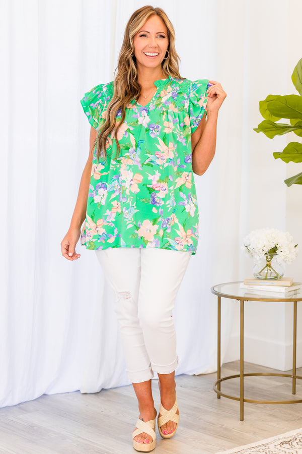 Chic Soul plus size clothing, green short sleeve top with pink and purple floral pattern