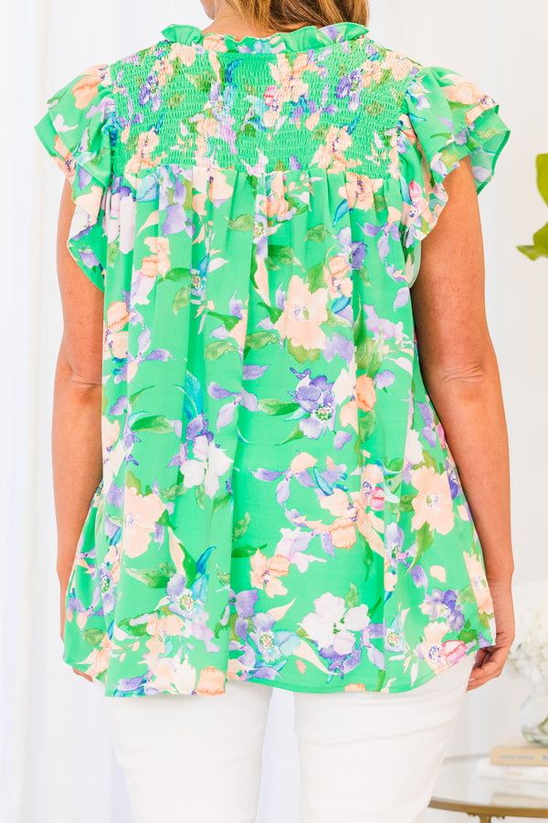 Chic Soul plus size clothing, green short sleeve top with pink and purple floral pattern
