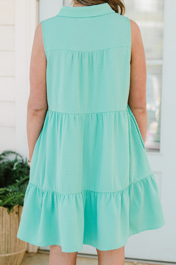 Chic Soul plus size clothing, jade sleeveless button up dress with collar and pockets with tier detail