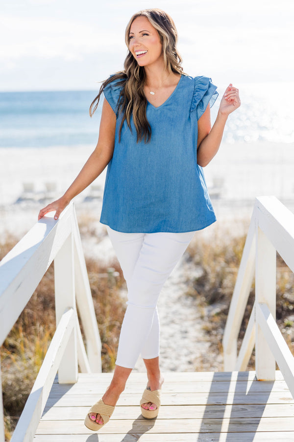 Chic Soul plus size clothing, light blue top with flutter sleeves and v-neckline