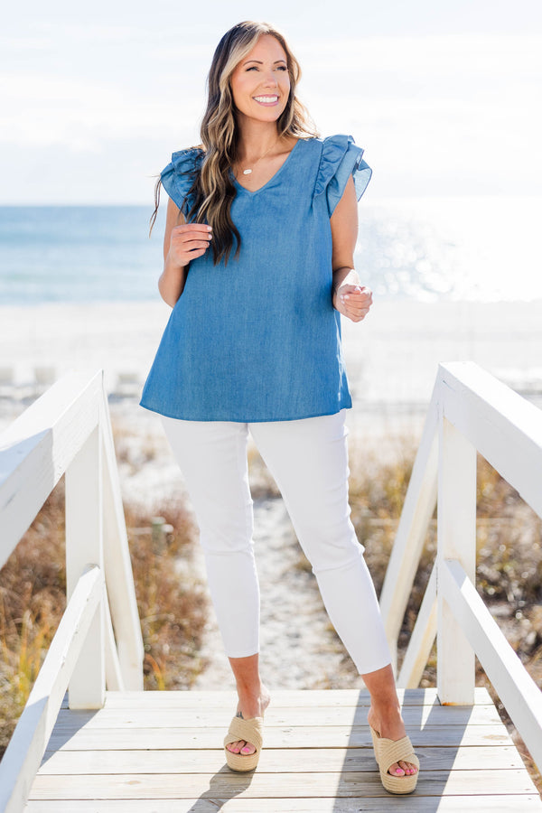 Chic Soul plus size clothing, light blue top with flutter sleeves and v-neckline